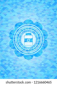 medicine bottle icon inside realistic light blue emblem. Mosaic background