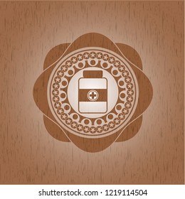 medicine bottle icon inside realistic wooden emblem