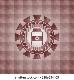 medicine bottle icon inside red seamless emblem or badge with abstract geometric polygonal pattern background.