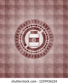 medicine bottle icon inside red seamless emblem or badge with abstract geometric polygonal pattern background.