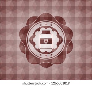 medicine bottle icon inside red seamless emblem with geometric pattern background.