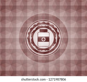 medicine bottle icon inside red seamless badge with geometric pattern background.