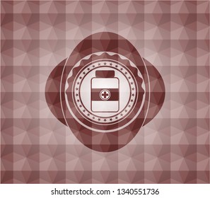 medicine bottle icon inside red emblem or badge with abstract geometric polygonal pattern background. Seamless.
