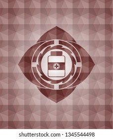 medicine bottle icon inside red seamless geometric badge.