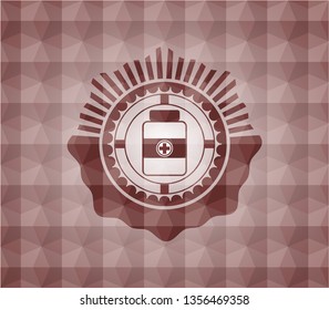 medicine bottle icon inside red seamless emblem or badge with abstract geometric polygonal pattern background.