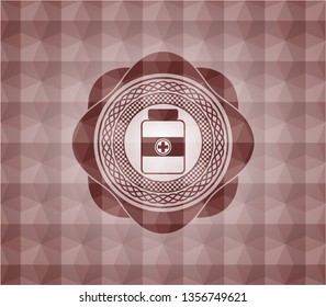 medicine bottle icon inside red seamless emblem with geometric pattern.