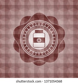 medicine bottle icon inside red seamless emblem or badge with abstract geometric pattern background.