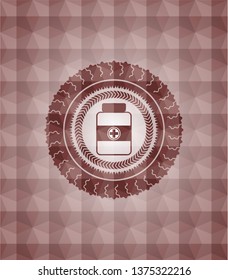 medicine bottle icon inside red geometric pattern emblem. Seamless.
