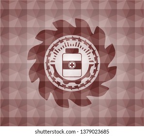 medicine bottle icon inside red seamless emblem with geometric background.