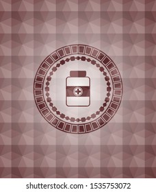 medicine bottle icon inside red seamless emblem or badge with abstract geometric pattern background.