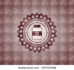 medicine bottle icon inside red seamless badge with geometric pattern.