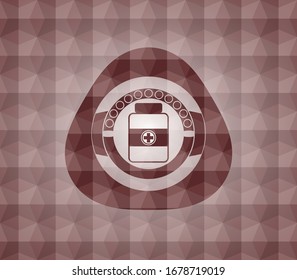 medicine bottle icon inside red geometric pattern emblem. Seamless.