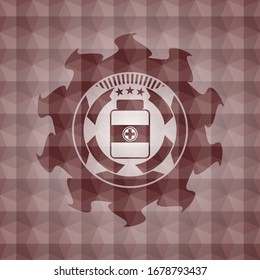 medicine bottle icon inside red emblem with geometric pattern. Seamless.