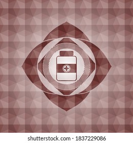 Medizin-Flasche Symbol in rotem Emblem mit geometrischem Hintergrund. Nahtlos. 