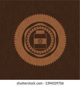 medicine bottle icon inside retro style wooden emblem