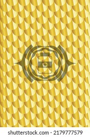 medicine bottle icon inside shiny golden badge. Scales pattern. Vector Illustration. Detailed. 