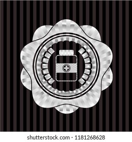 medicine bottle icon inside silver emblem or badge
