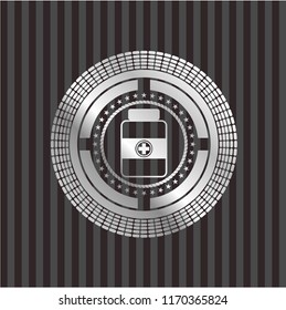 medicine bottle icon inside silvery badge
