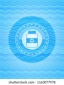 medicine bottle icon inside sky blue water wave emblem.