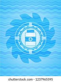 medicine bottle icon inside sky blue water wave emblem.
