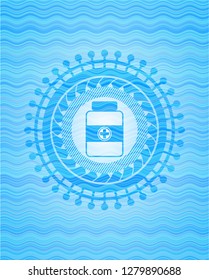 medicine bottle icon inside sky blue water badge background.