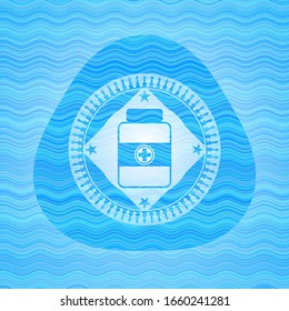 medicine bottle icon inside sky blue water wave emblem.