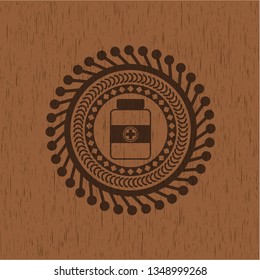 medicine bottle icon inside vintage wood emblem