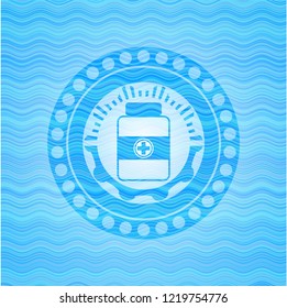 medicine bottle icon inside water wave emblem background.