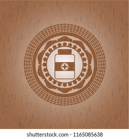 medicine bottle icon inside wooden emblem. Vintage.