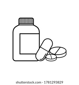 Icono de botella de medicina. Vector de línea del frasco de medicamentos, elemento de diseño médico y farmacéutico, símbolo del medicamento