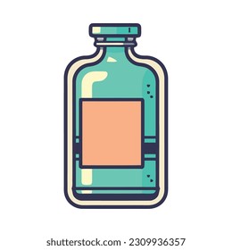 Medicine bottle icon with liquid and label isolated