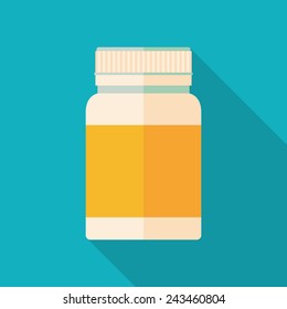 medicine bottle icon with long shadow. flat style vector illustration