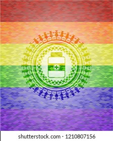 medicine bottle icon on mosaic background with the colors of the LGBT flag