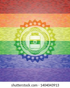 medicine bottle icon on mosaic background with the colors of the LGBT flag