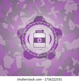 medicine bottle icon on pink and purple camouflage texture. 