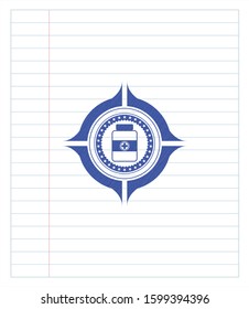 medicine bottle icon pen strokes emblem. Blue ink. Vector Illustration. Detailed.