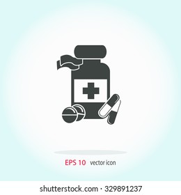 Medicine bottle icon with pills.