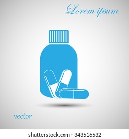 Medicine bottle icon with pills.
