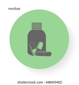 Medicine bottle icon with pills.