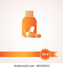 Medicine bottle icon with pills.