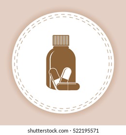 Medicine bottle icon with pills.
