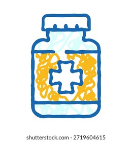 Icono de botella de medicina con estilo garabato garabateado, con una señal cruzada para representar farmacia, medicamentos recetados, suplementos y tratamientos de salud sobre fondo blanco