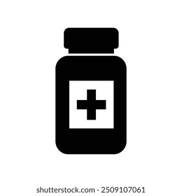 Silueta del icono de la botella de la medicina en el fondo blanco. Icono de la tableta de la botella para el signo de la farmacia. Icono de botella médica