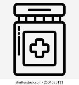 Medicine Bottle icon, symbol of a bottle with a medical cross containing pills, suitable for infographics and applications with health and pharmaceutical themes.