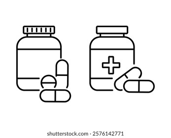 Medicine bottle icon vector design set. pills jar icon vector set.  Medication Line Icon. Pharmaceutical Medicament Sign. Pharmacy Symbol.