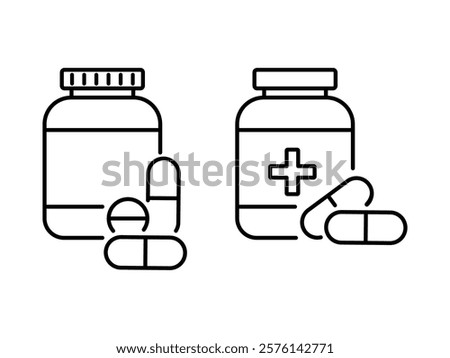 Medicine bottle icon vector design set. pills jar icon vector set.  Medication Line Icon. Pharmaceutical Medicament Sign. Pharmacy Symbol.