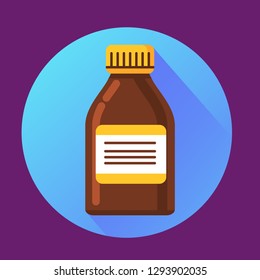 Medicine bottle icon.Pharmacy medication vector illustration in flat.Retro jar with a drug label.Isolated on a white background mixture packing.