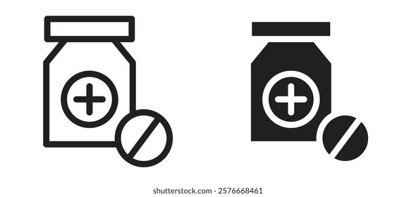 Medicine bottle icons in outline and stroke versions