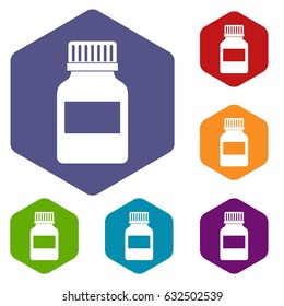 Medicine bottle icons set hexagon isolated vector illustration