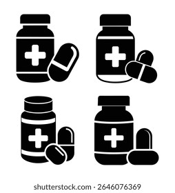 Medicamento garrafa ícones definir design vetorial
